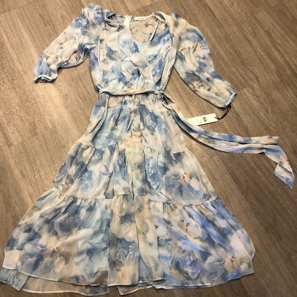 NWT Calvin Klein Blouson Sleeve Crossover V-Neck Printed Dress Sz 8